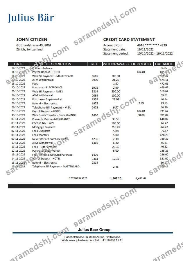 Switzerland Julius Bar bank statement